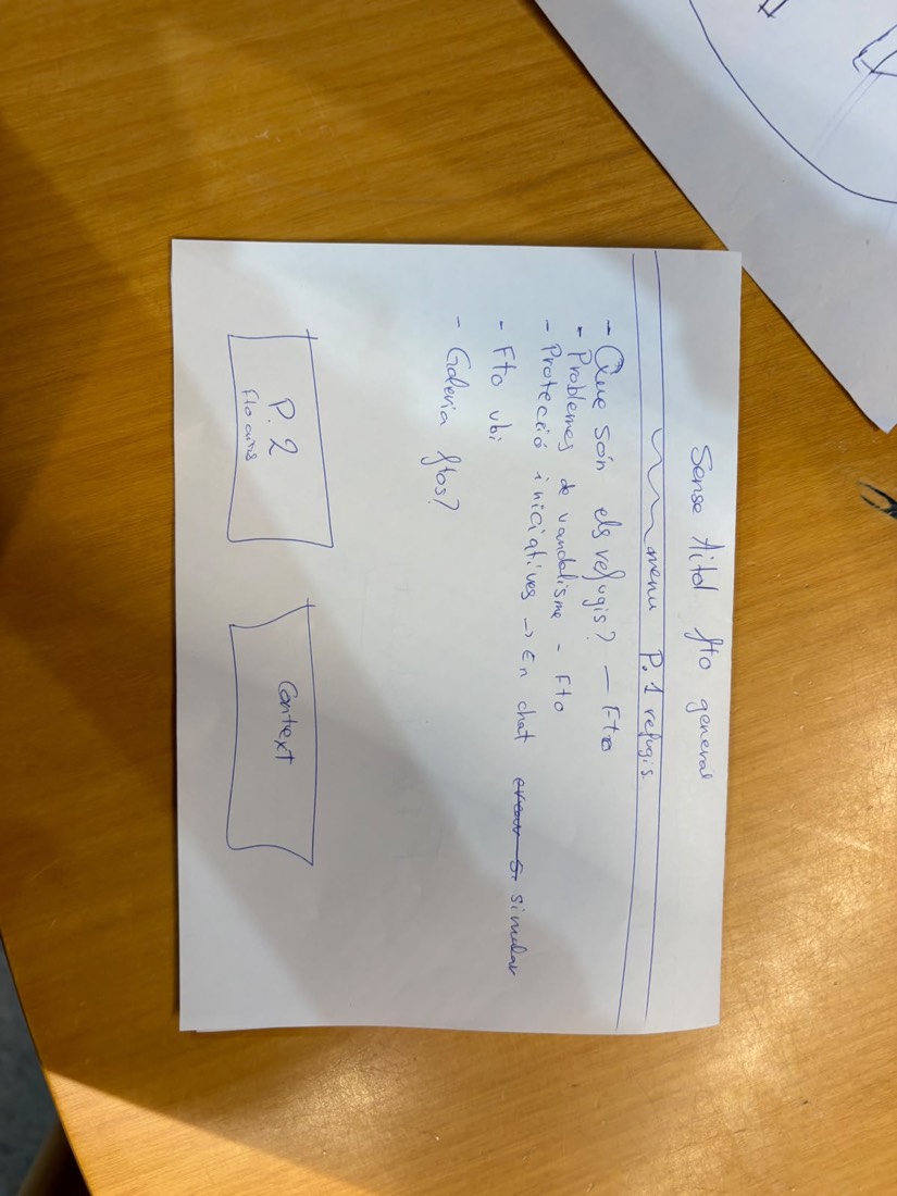 Boceto a mano de la página de refugios, con menú, problemas, protección y galería.