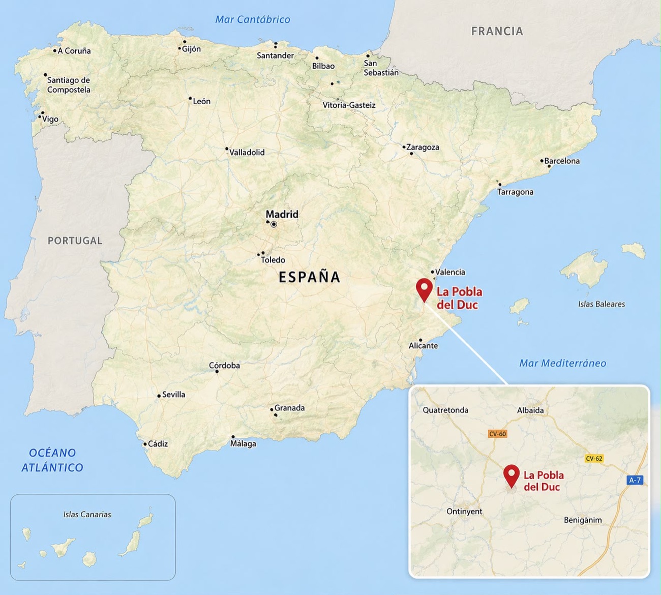 Mapa de situación que localiza La Pobla del Duc en la provincia de Valencia, cerca de Ontinyent, Albaida y Benigànim.