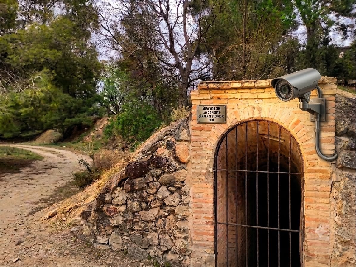 Recreación de una cámara de videovigilancia instalada sobre la entrada de ladrillo de un refugio, junto a un cartel de zona vigilada.