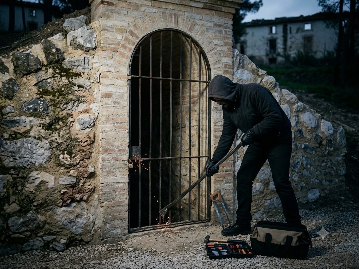 Recreación de una persona encapuchada forzando la reja de un refugio para acceder sin autorización.